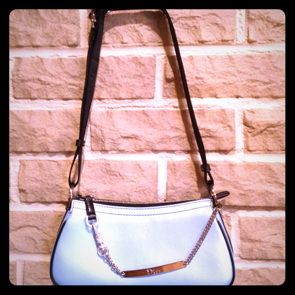 2003 cherry Vintage DIOR Shoulder Bag; like new, navy trim on light blue canvas.